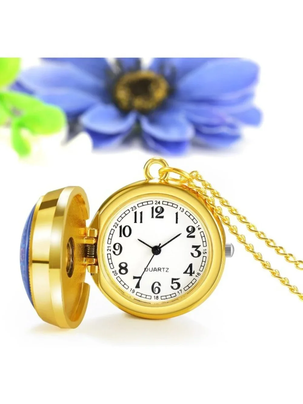Women's Gold Analog Quartz Floral Vintage Pendant Necklace Chain Pocket Watch